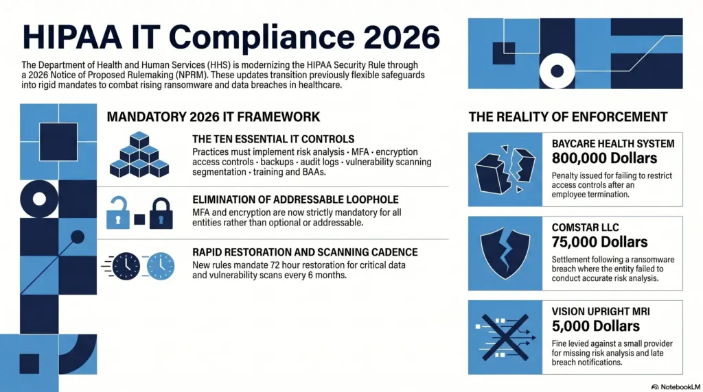 Infographic summarizing HIPAA IT compliance requirements for small medical practices in 2026, including the ten core controls, May 2026 NPRM changes, and recent OCR enforcement settlements.