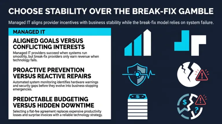 Infographic contrasting managed IT with the break-fix model, covering aligned provider incentives, proactive prevention through automated system monitoring, and predictable flat-fee budgeting.