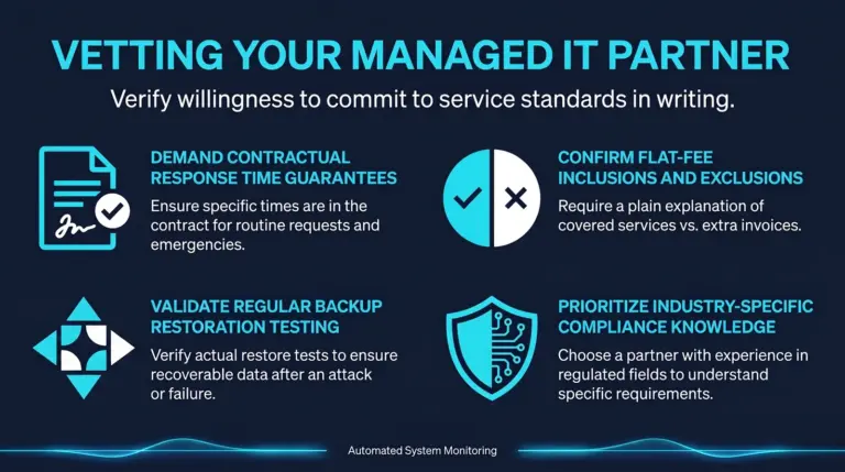 Infographic on vetting a managed IT partner, covering contractual response time guarantees, flat-fee inclusions and exclusions, backup restoration testing, and industry-specific compliance knowledge.