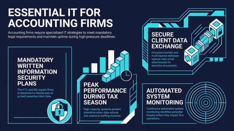 Infographic on IT for accounting firms, covering mandatory written information security plans, peak performance during tax season, secure encrypted client data exchange, and automated system monitoring.