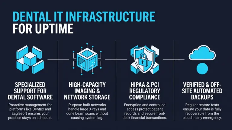 Infographic on dental practice IT infrastructure, covering specialized support for practice management software, high-capacity imaging and network storage, HIPAA and PCI compliance, and verified off-site automated backups.
