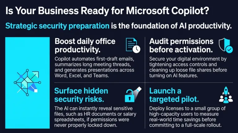 Infographic on preparing a business for Microsoft Copilot, covering productivity gains, auditing permissions before activation, surfacing hidden security risks in file shares, and running a targeted pilot.