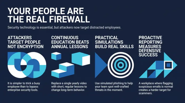 Infographic on security awareness training, covering why attackers target people rather than encryption, continuous education over annual lessons, simulated phishing, and proactive threat reporting.
