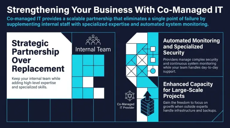Infographic explaining co-managed IT, covering strategic partnership rather than replacing internal staff, automated monitoring and specialized security, and added capacity for large-scale projects.